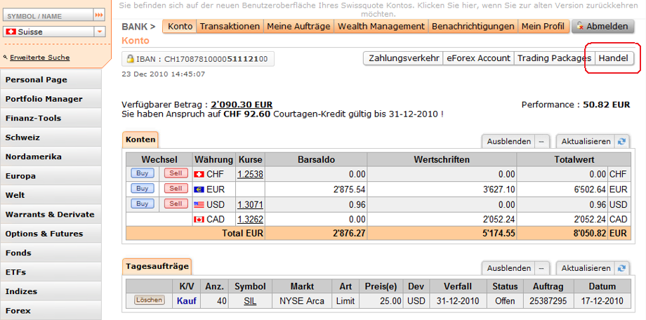 Startseite im Depot von Swissquote