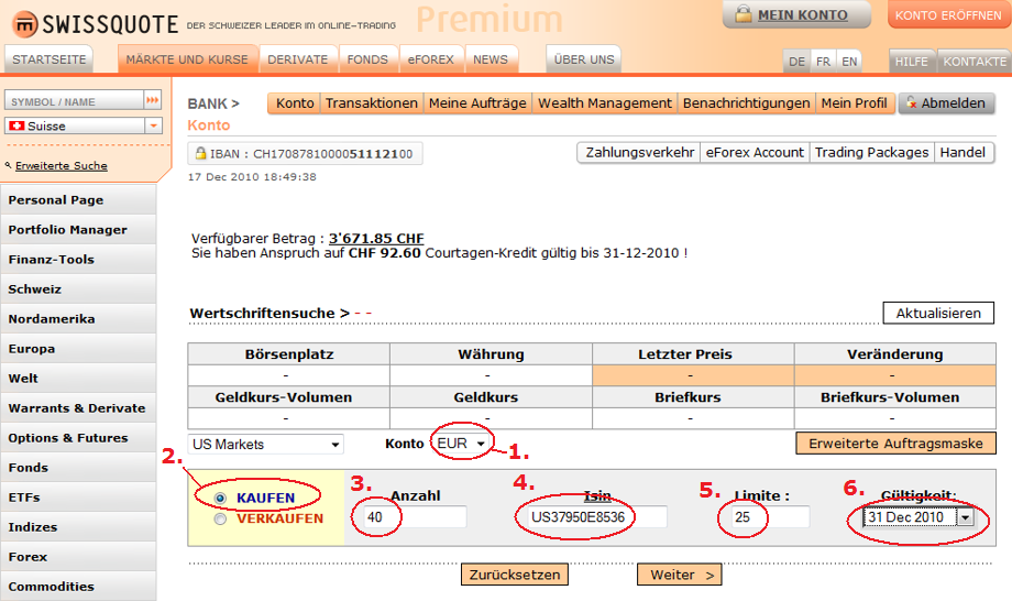Eingabe der Order des Silver Miners ETF über Swissquote